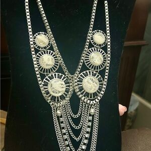 Mixed Media Statement Necklace Silvertone Lace Unused